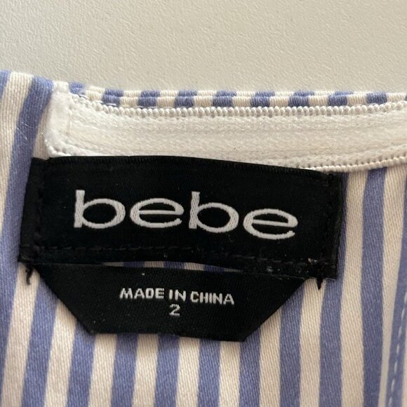 Bebe Poplin Off Shoulder Blue White Striped Top 2 Cotton Nautical Date Night Bea - Picture 9 of 11